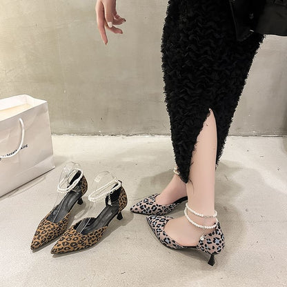 Heel Print Strap Sandals Kitten Ankle Pointed Leopard