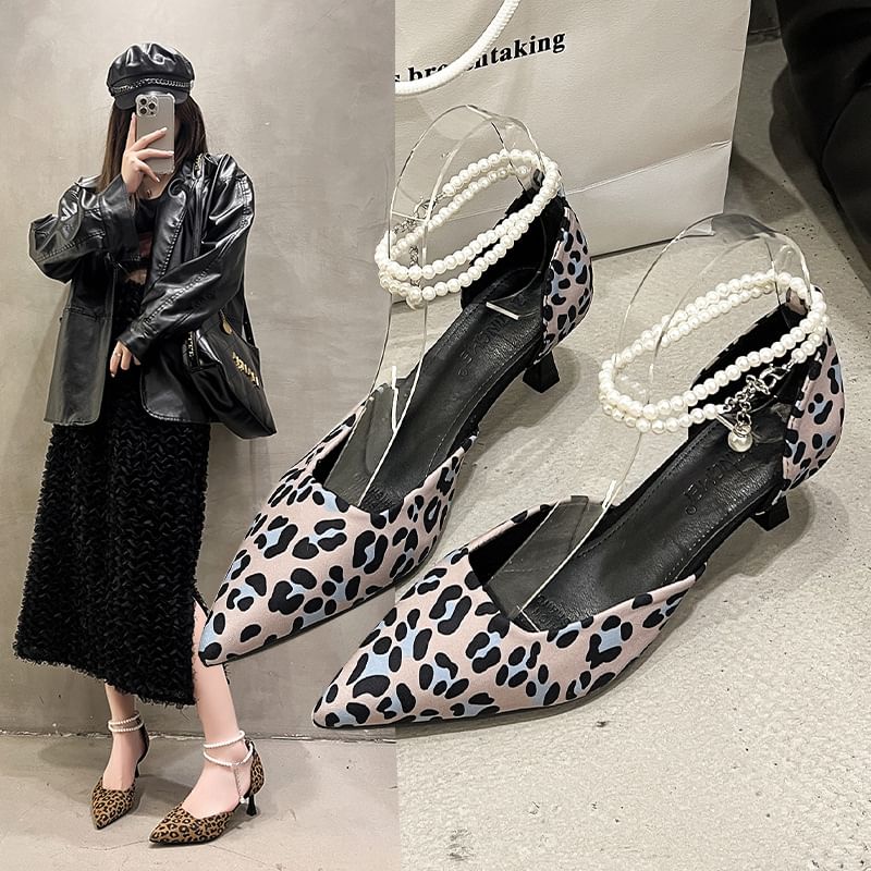 Heel Print Strap Sandals Kitten Ankle Pointed Leopard