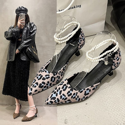 Heel Print Strap Sandals Kitten Ankle Pointed Leopard