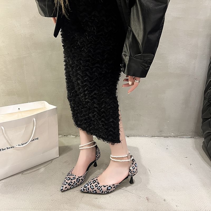 Heel Print Strap Sandals Kitten Ankle Pointed Leopard