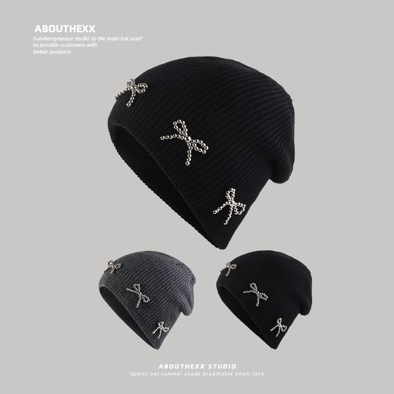 Beanie Knit Metallic Studded Bow
