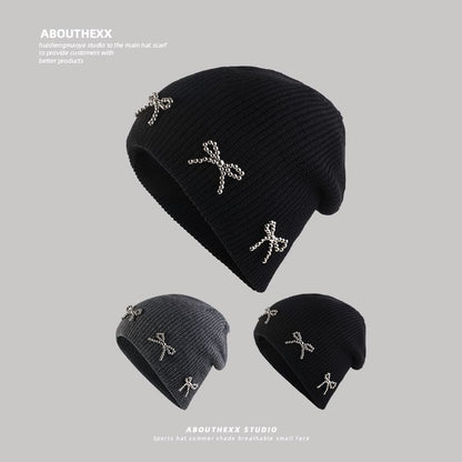 Beanie Knit Metallic Studded Bow