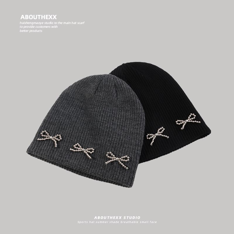 Beanie Knit Metallic Studded Bow
