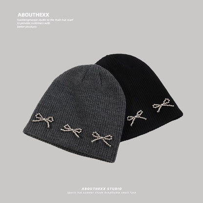 Beanie Knit Metallic Studded Bow