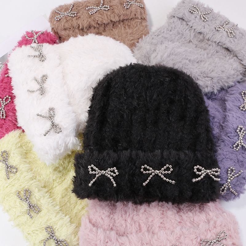 Studded Metallic Bow Beanie Chenille