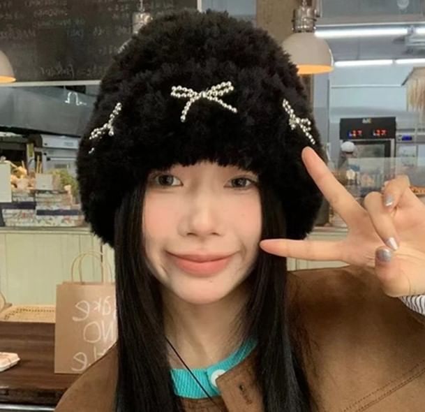 Studded Metallic Bow Beanie Chenille