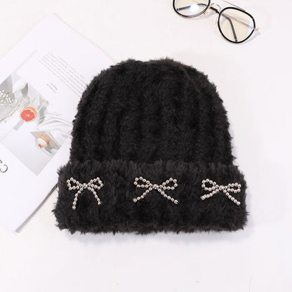Studded Metallic Bow Beanie Chenille