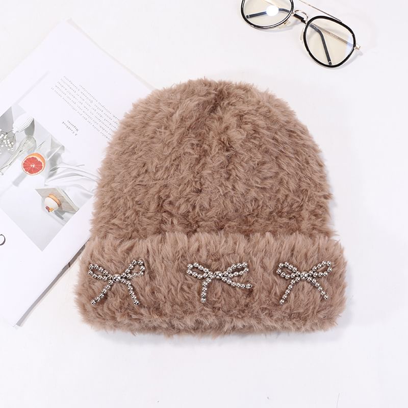 Studded Metallic Bow Beanie Chenille
