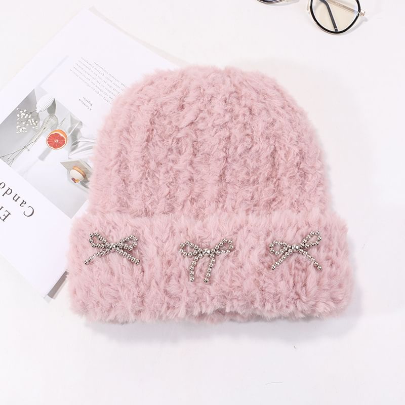 Studded Metallic Bow Beanie Chenille