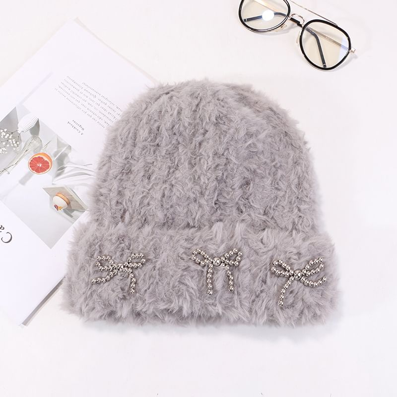 Studded Metallic Bow Beanie Chenille