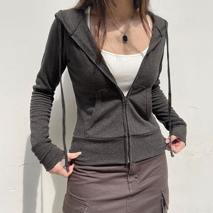 Drawstring Plain Zip Up Hoodie