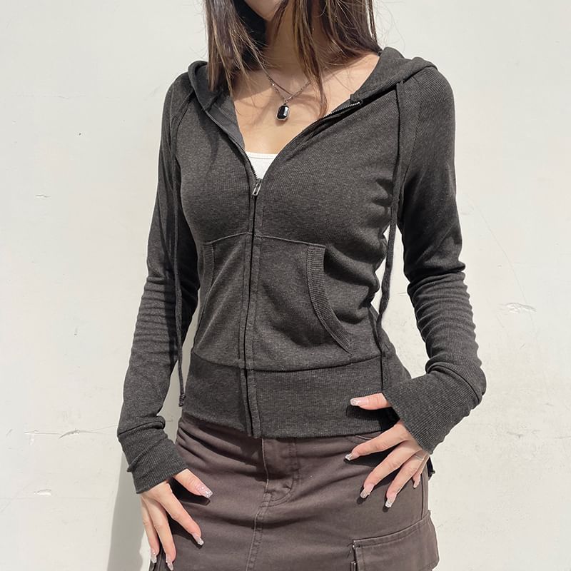 Drawstring Plain Zip Up Hoodie