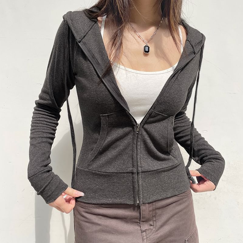 Drawstring Plain Zip Up Hoodie