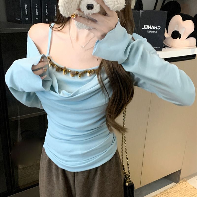 Shoulder Long Piece Top Sleeve Mock Off Two
