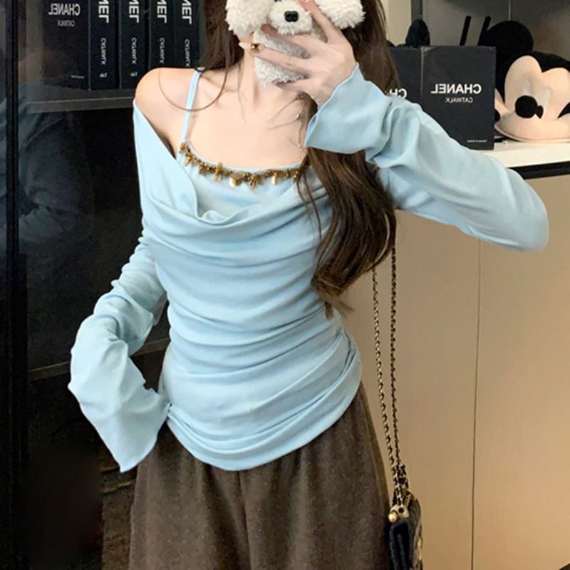 Shoulder Long Piece Top Sleeve Mock Off Two