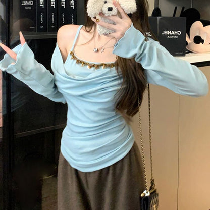 Shoulder Long Piece Top Sleeve Mock Off Two