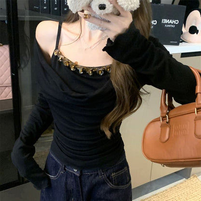 Shoulder Long Piece Top Sleeve Mock Off Two