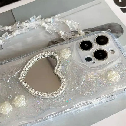 Strap Phone Mirrored Case Pearl / Faux Heart Set