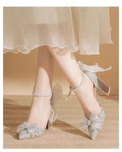 SampleBlock Heel Bow Glitter Pointy Sandals