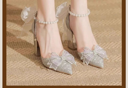 SampleBlock Heel Bow Glitter Pointy Sandals