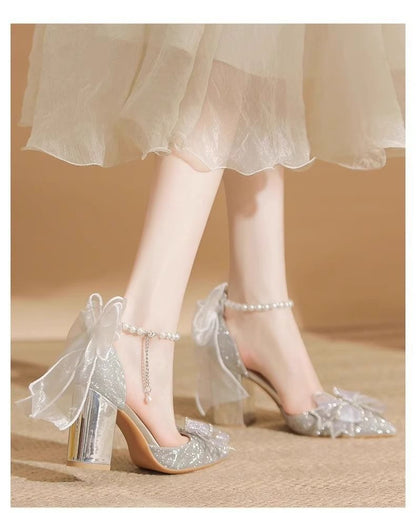 SampleBlock Heel Bow Glitter Pointy Sandals