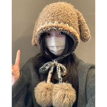Panel Pom Knit Hat Rabbit Fluffy Ear