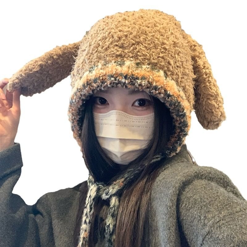 Panel Pom Knit Hat Rabbit Fluffy Ear