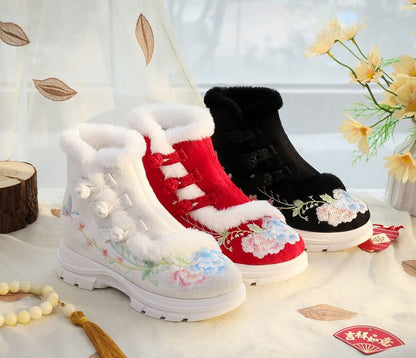 Short Lace-Up Floral Embroidery Trim Furry Boots