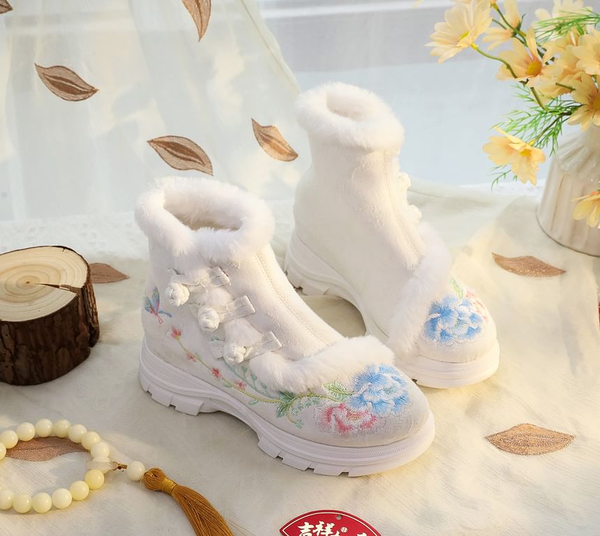 Short Lace-Up Floral Embroidery Trim Furry Boots