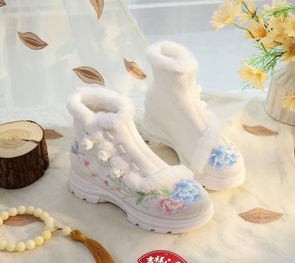 Short Lace-Up Floral Embroidery Trim Furry Boots