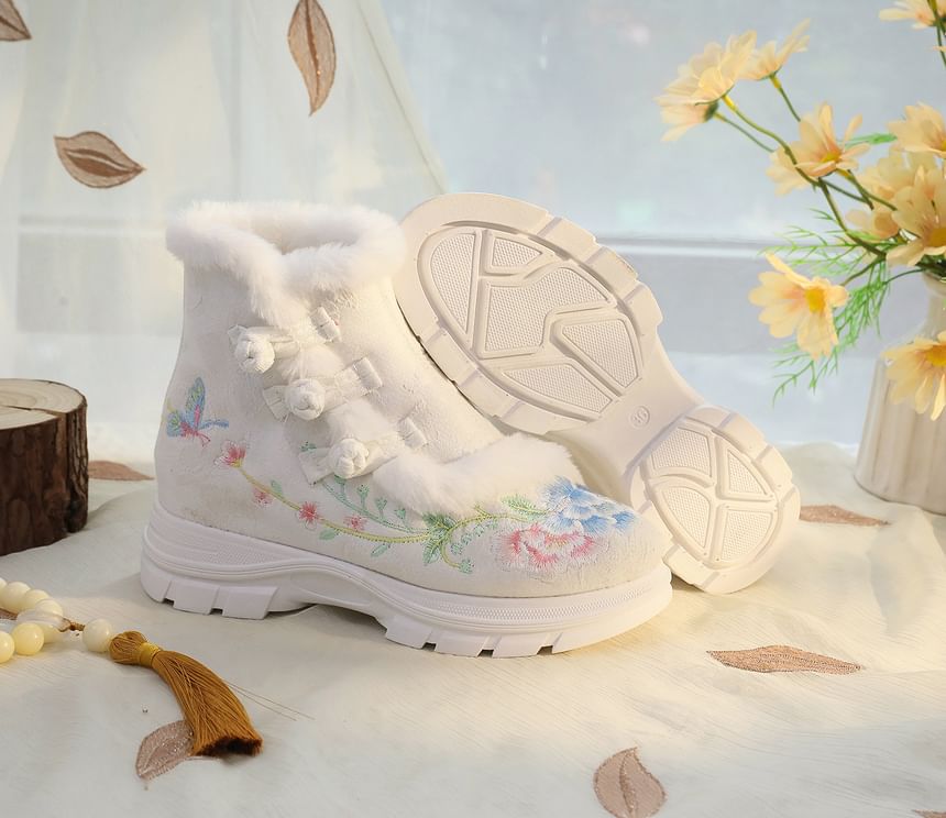 Short Lace-Up Floral Embroidery Trim Furry Boots