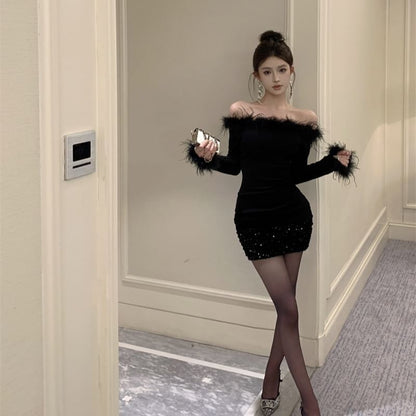 Wholesale Sample Long-Sleeve Off-Shoulder Plain Sequin Fluffy Trim Mini Sheath Dress