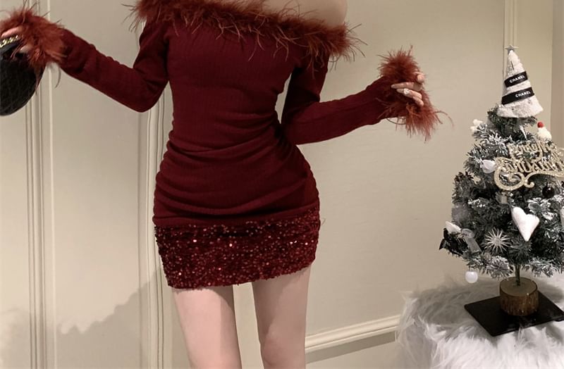 Wholesale Sample Long-Sleeve Off-Shoulder Plain Sequin Fluffy Trim Mini Sheath Dress