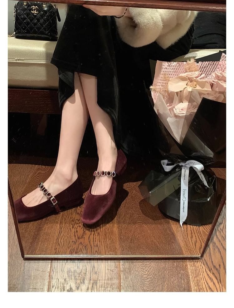 Heel Pumps Velvet Jane Accent Rhinestone Low Mary