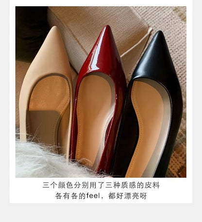Pumps Heel Faux Plain Chunky Toe Pointed Leather