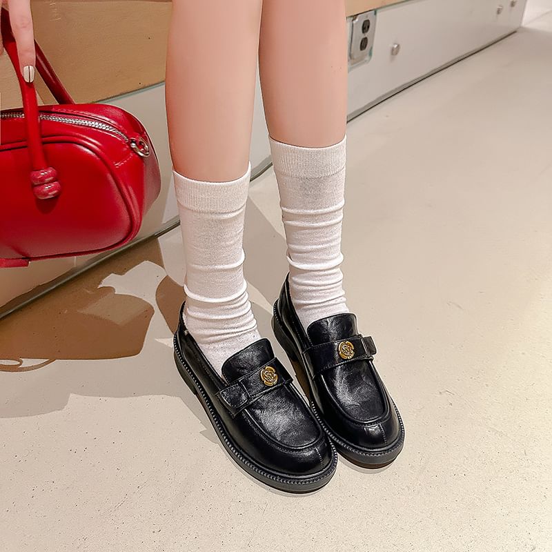 Leather Floral Accent Platform Faux Loafers
