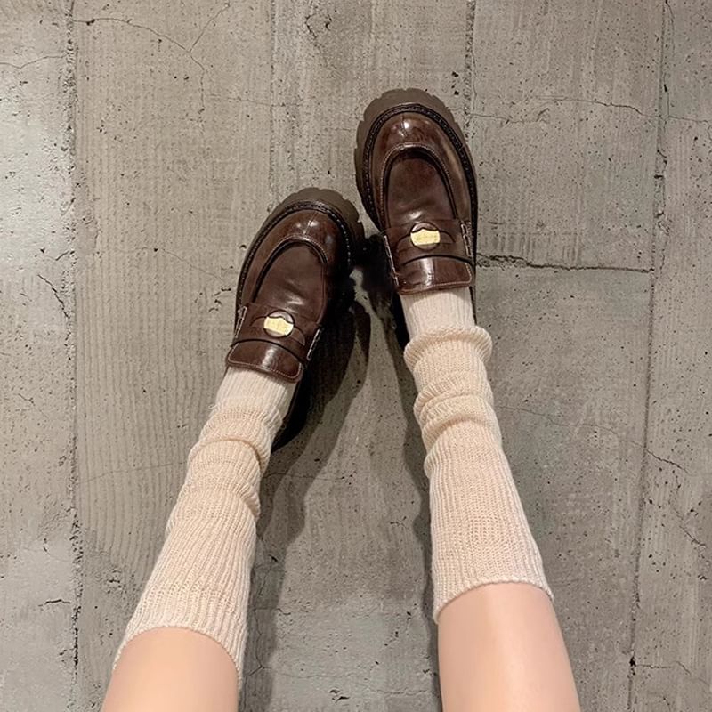 Leather Penny Platform Loafers Faux Plain