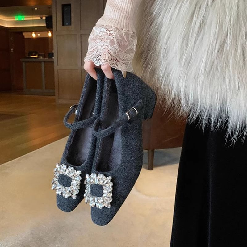 Jane Mary Pumps Accent Chunky Heel Rhinestone