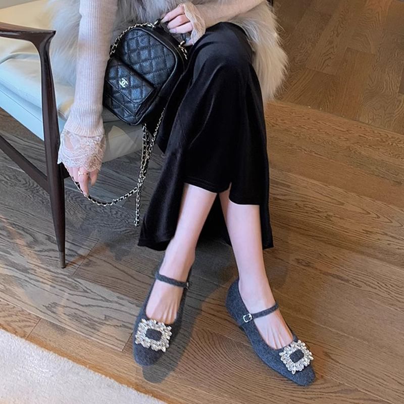 Jane Mary Pumps Accent Chunky Heel Rhinestone