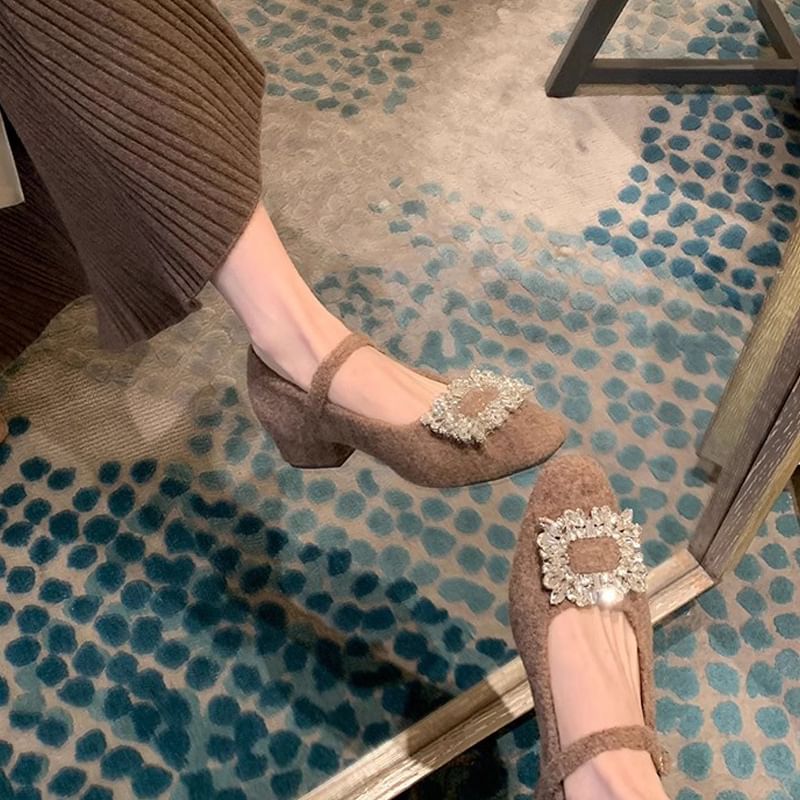 Jane Mary Pumps Accent Chunky Heel Rhinestone