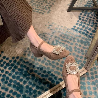 Jane Mary Pumps Accent Chunky Heel Rhinestone