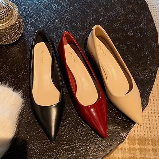 Pumps Heel Faux Plain Chunky Toe Pointed Leather