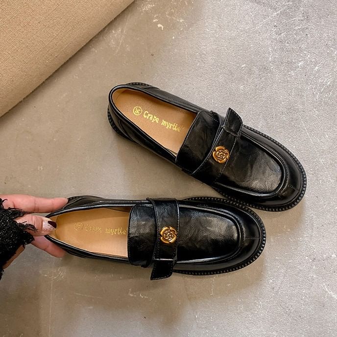 Leather Floral Accent Platform Faux Loafers