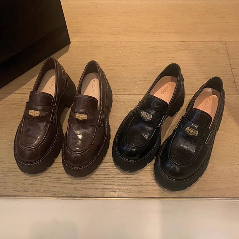 Leather Penny Platform Loafers Faux Plain