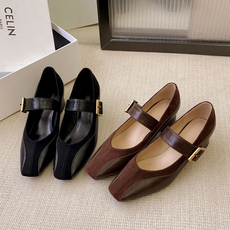 Jane Pumps Faux Leather Mary Buckled Heel Plain Chunky Panel