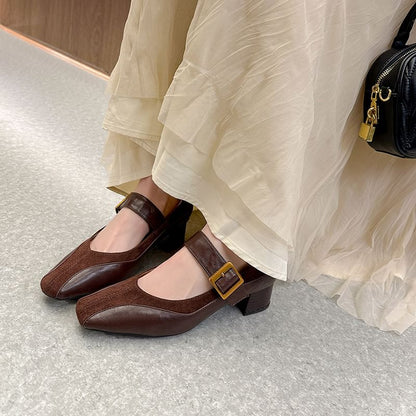Jane Pumps Faux Leather Mary Buckled Heel Plain Chunky Panel