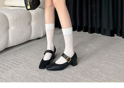 Jane Pumps Faux Leather Mary Buckled Heel Plain Chunky Panel