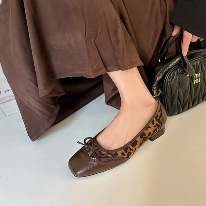 Faux Accent Heel Print Pumps Panel Leopard Brogue Low Bow Leather