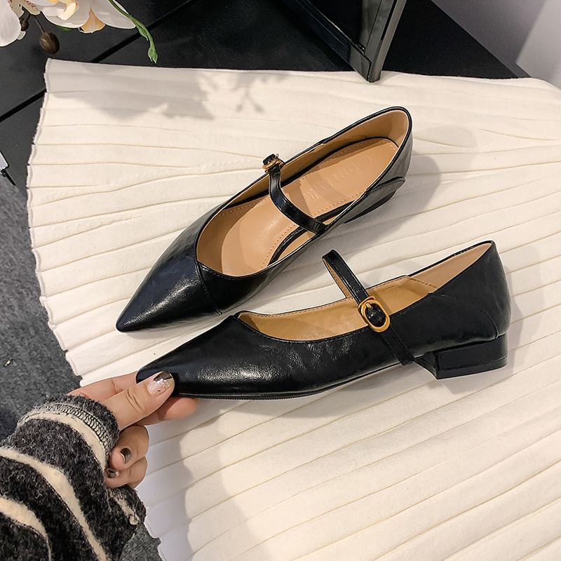 Jane Plain Toe Mary Pumps Faux Buckled Low Leather Pointed Heel