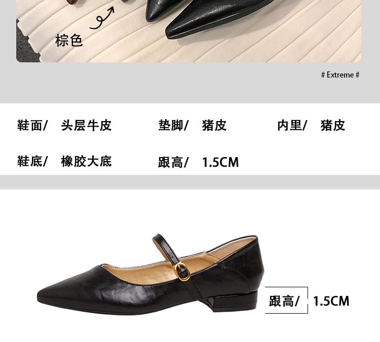 Jane Plain Toe Mary Pumps Faux Buckled Low Leather Pointed Heel